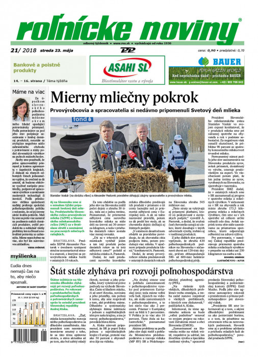Obálka titulu Rolnické noviny - vydání č. 21/2018