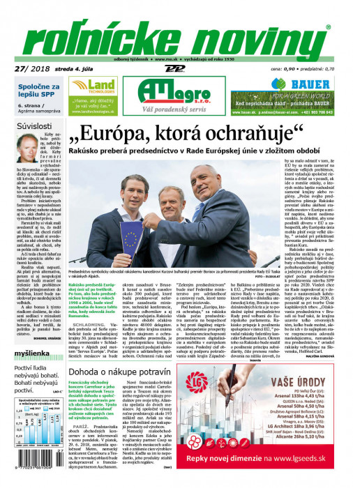 Obálka titulu Rolnické noviny - vydání č. 27/2018