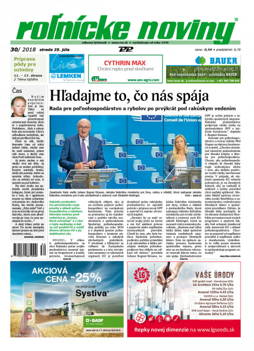 Obálka titulu Rolnické noviny - vydání č. 30/2018