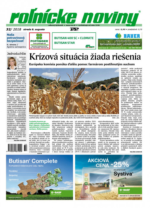 Obálka titulu Rolnické noviny - vydání č. 32/2018