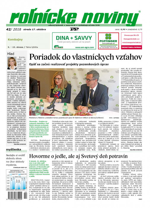 Obálka titulu Rolnické noviny - vydání č. 42/2018