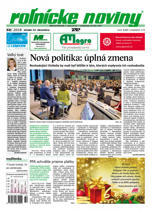 Obálka titulu Rolnické noviny - vydání č. 50/2018