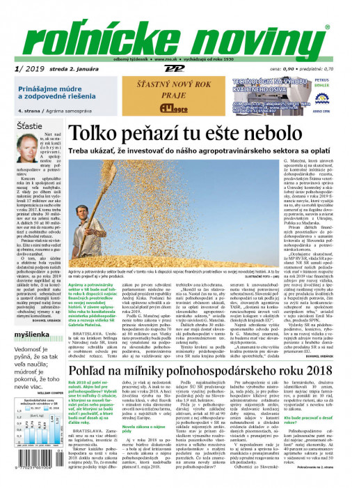 Obálka titulu Rolnické noviny - vydání č. 1/2019