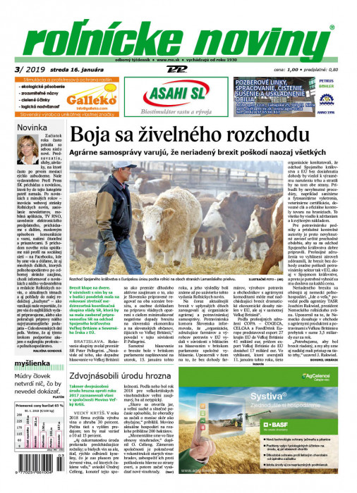 Obálka titulu Rolnické noviny - vydání č. 3/2019