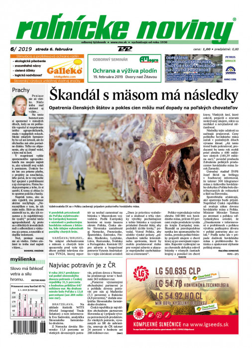 Obálka titulu Rolnické noviny - vydání č. 6/2019