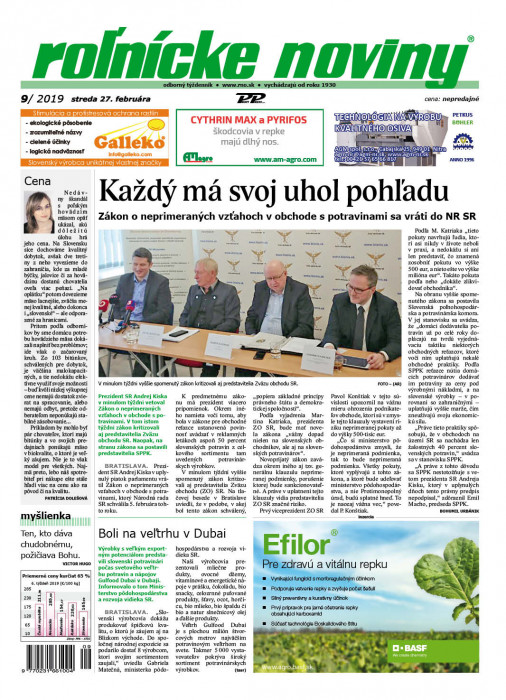 Obálka titulu Rolnické noviny - vydání č. 9/2019