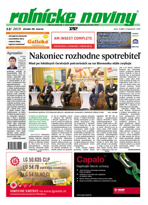 Obálka titulu Rolnické noviny - vydání č. 12/2019