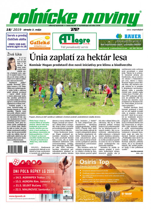 Obálka titulu Rolnické noviny - vydání č. 18/2019