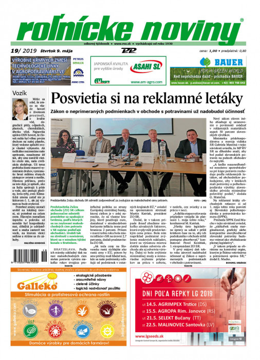 Obálka titulu Rolnické noviny - vydání č. 19/2019