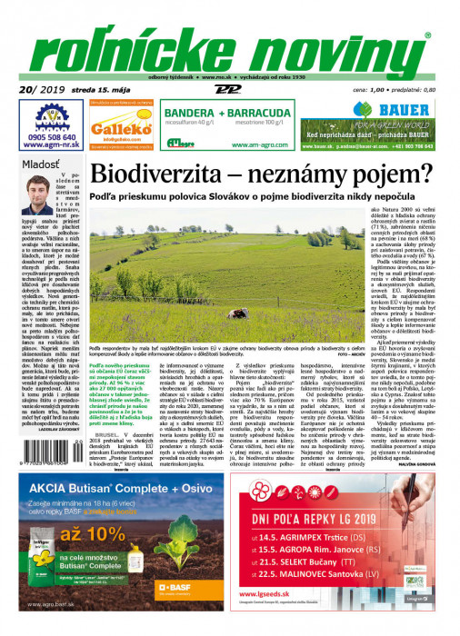 Obálka titulu Rolnické noviny - vydání č. 20/2019