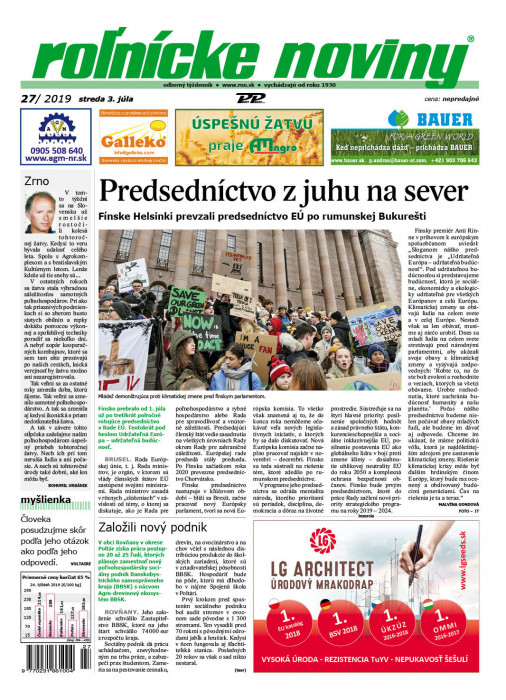 Obálka titulu Rolnické noviny - vydání č. 27/2019
