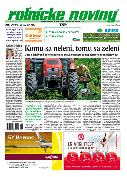 Obálka titulu Rolnické noviny - vydání č. 29/2019