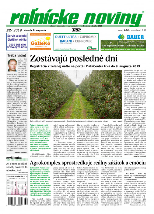 Obálka titulu Rolnické noviny - vydání č. 32/2019