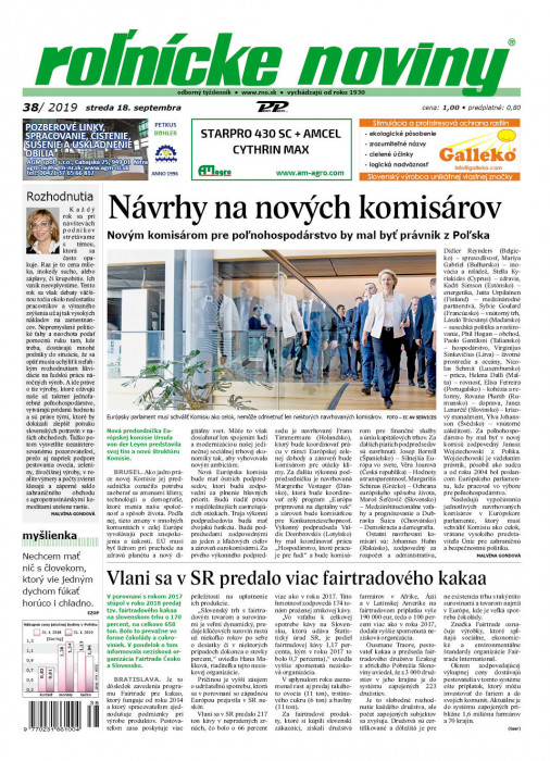 Obálka titulu Rolnické noviny - vydání č. 38/2019