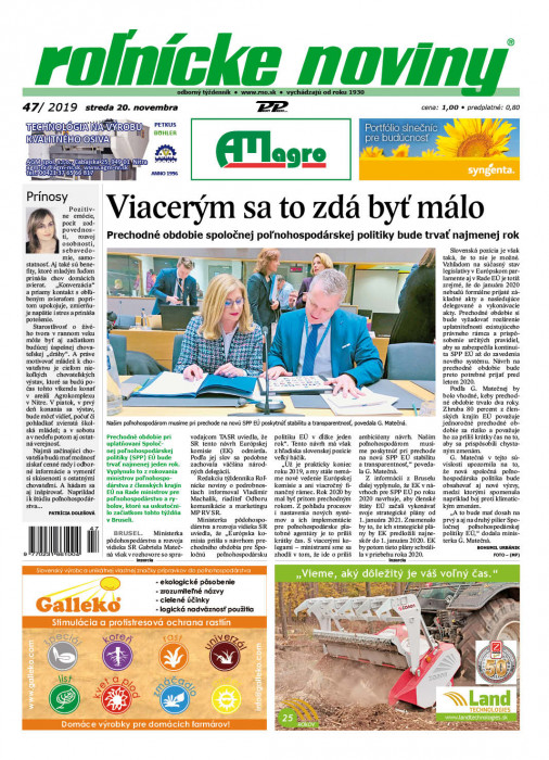 Obálka titulu Rolnické noviny - vydání č. 47/2019