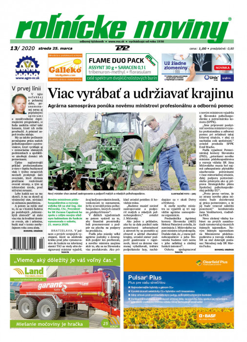 Obálka titulu Rolnické noviny - vydání č. 13/2020