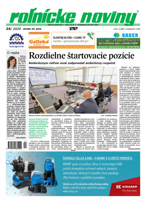 Obálka titulu Rolnické noviny - vydání č. 24/2020