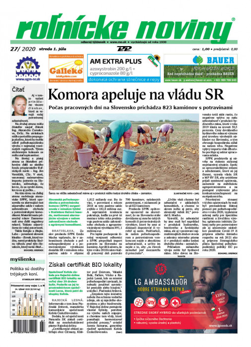 Obálka titulu Rolnické noviny - vydání č. 27/2020