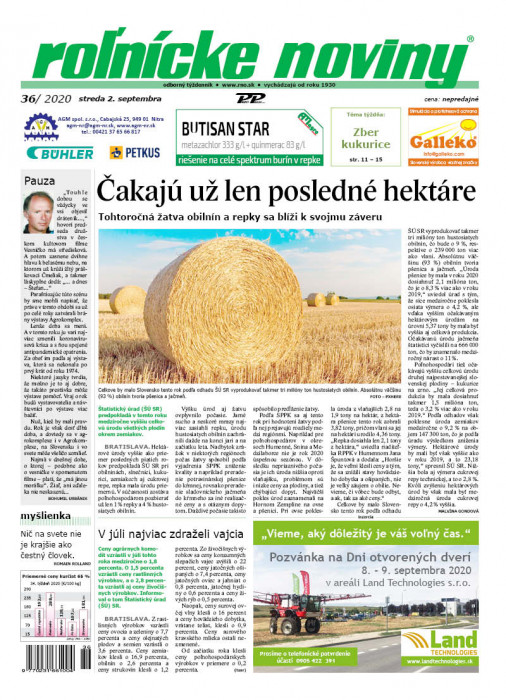 Obálka titulu Rolnické noviny - vydání č. 36/2020