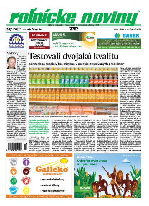 Obálka titulu Rolnické noviny - vydání č. 14/2021