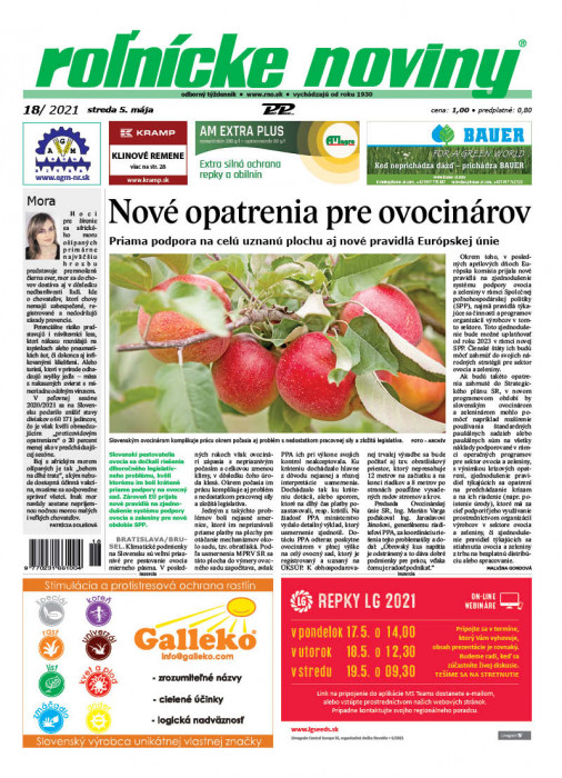 Obálka titulu Rolnické noviny - vydání č. 18/2021