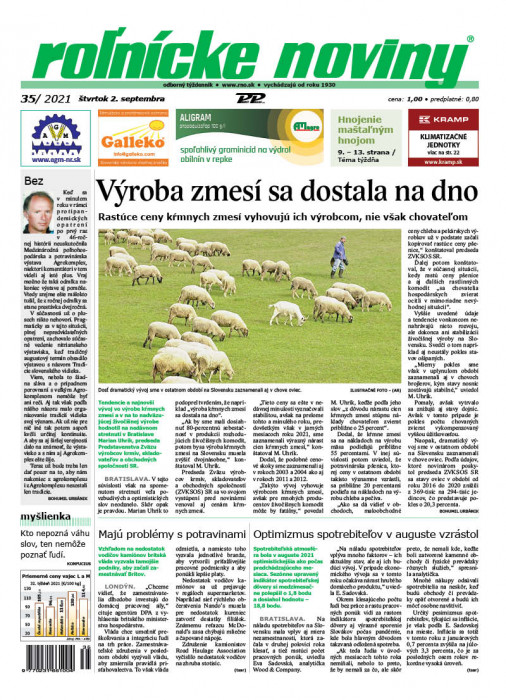 Obálka titulu Rolnické noviny - vydání č. 35/2021