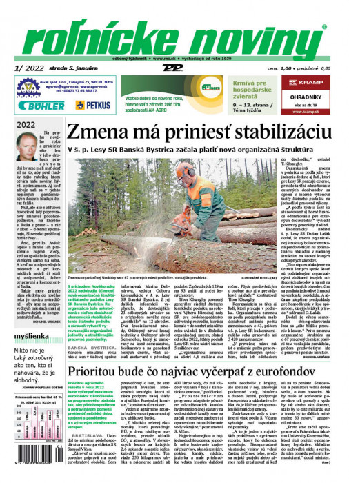 Obálka titulu Rolnické noviny - vydání č. 1/2022