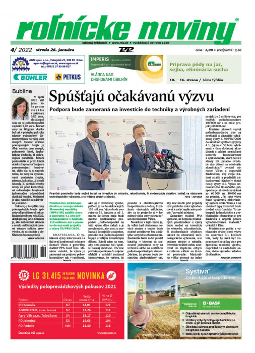 Obálka titulu Rolnické noviny - vydání č. 4/2022