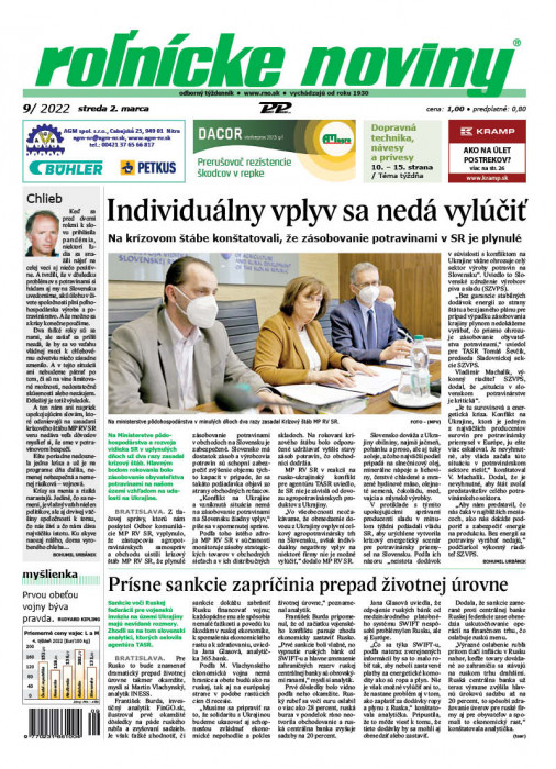 Obálka titulu Rolnické noviny - vydání č. 9/2022
