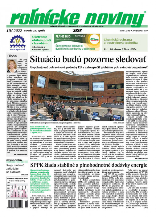 Obálka titulu Rolnické noviny - vydání č. 15/2022