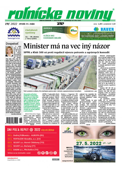 Obálka titulu Rolnické noviny - vydání č. 19/2022