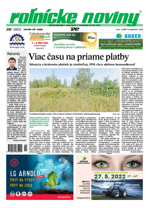 Obálka titulu Rolnické noviny - vydání č. 20/2022