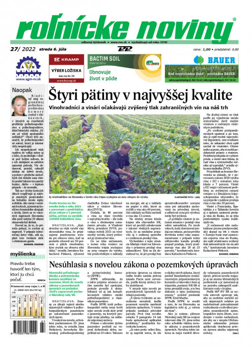 Obálka titulu Rolnické noviny - vydání č. 27/2022