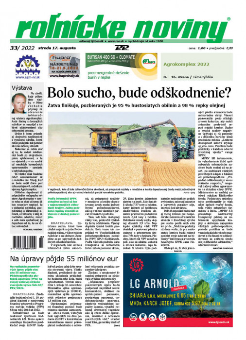 Obálka titulu Rolnické noviny - vydání č. 33/2022