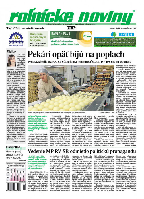 Obálka titulu Rolnické noviny - vydání č. 35/2022