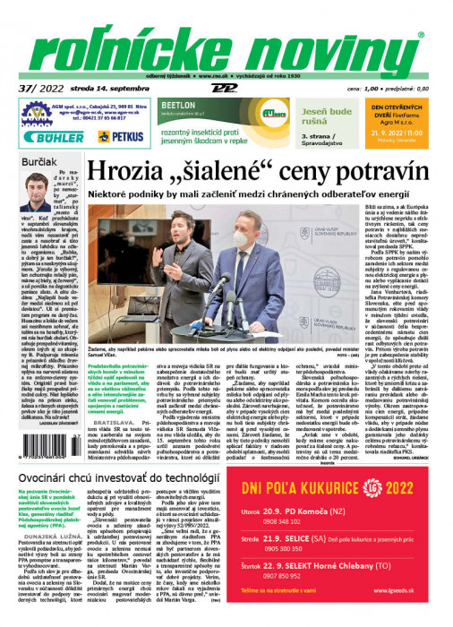 Obálka titulu Rolnické noviny - vydání č. 37/2022