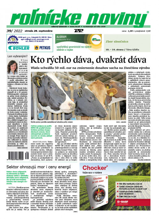 Obálka titulu Rolnické noviny - vydání č. 39/2022