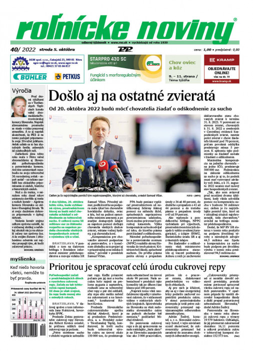 Obálka titulu Rolnické noviny - vydání č. 40/2022
