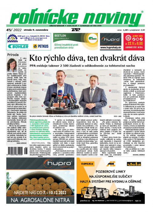 Obálka titulu Rolnické noviny - vydání č. 45/2022