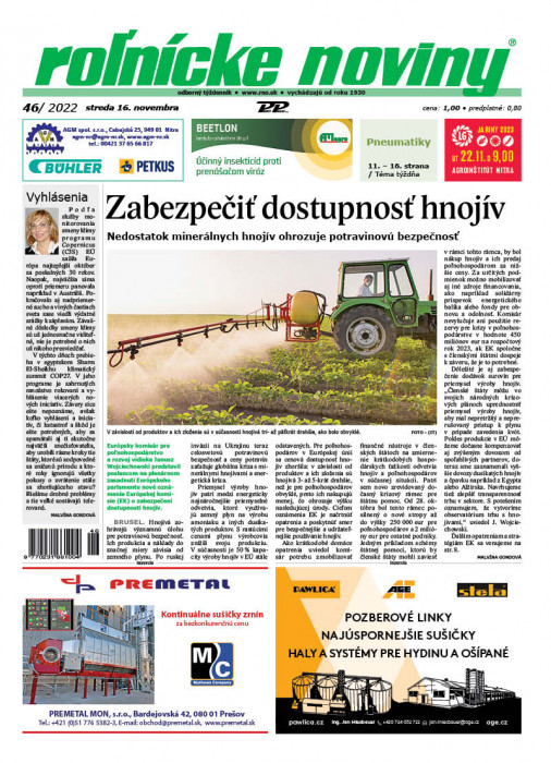 Obálka titulu Rolnické noviny - vydání č. 46/2022