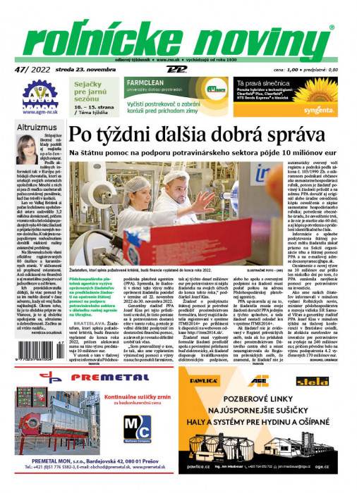 Obálka titulu Rolnické noviny - vydání č. 47/2022
